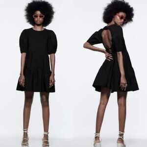 Zara Black Puff Sleeve Open Back Cocktail Tiered Mini Dress Size Medium NWT